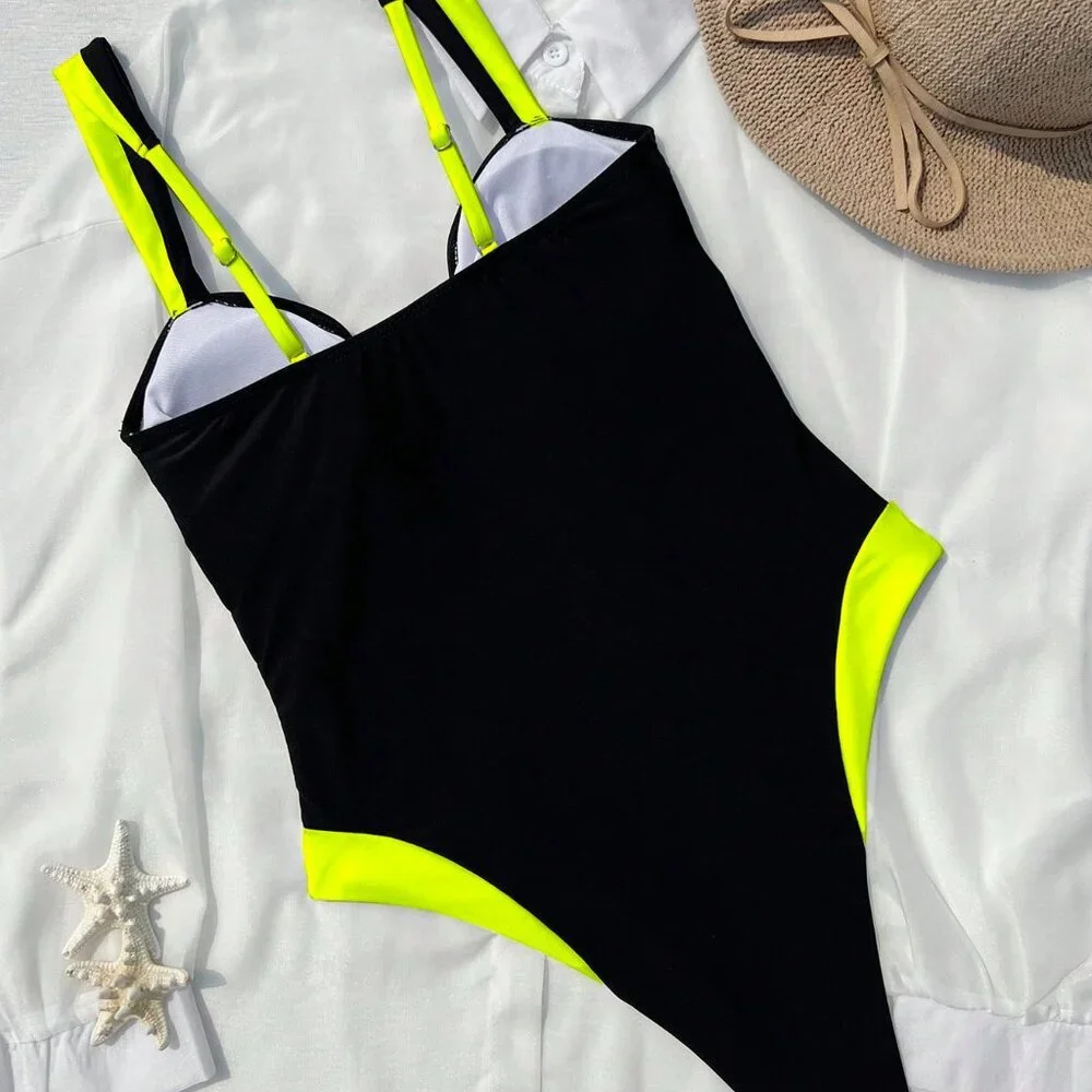 Black Sexy Women's Contrast Color Spaghetti Strap One-Piece Swimsuit - Picture 7 of 7